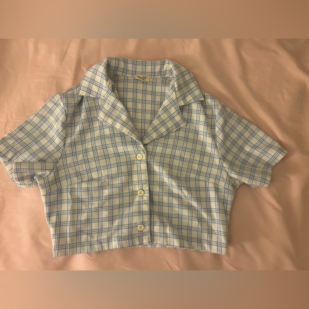 - Cropped collared blue and white striped brandy melville shirt -